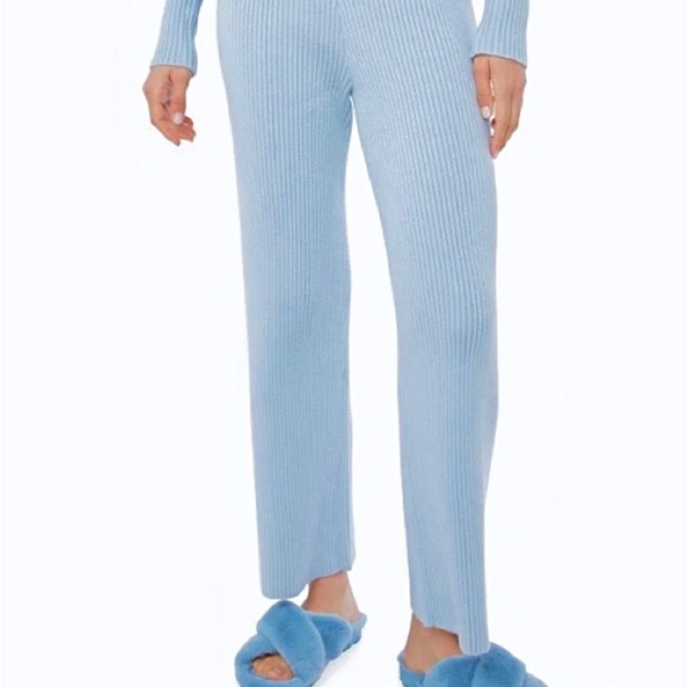 JustFab Blue Wide Ankle Length Knit Ribbed Pants Trousers Sz L